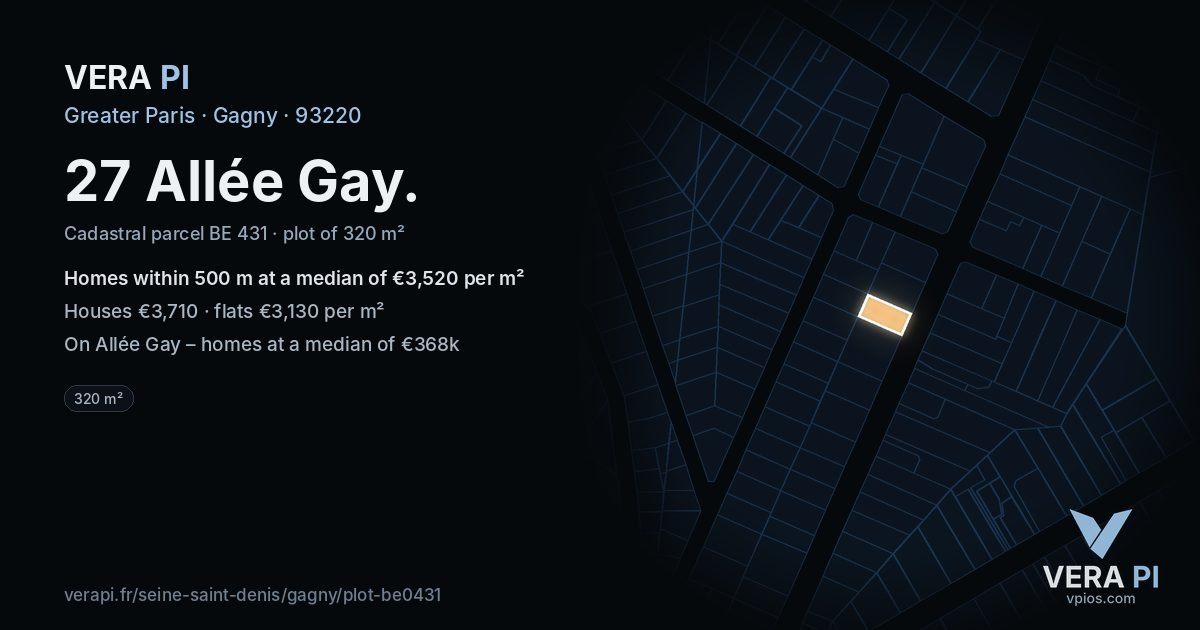 27 Allée Gay, Gagny at night – the plot lit, the parcels around coloured by the prices near them