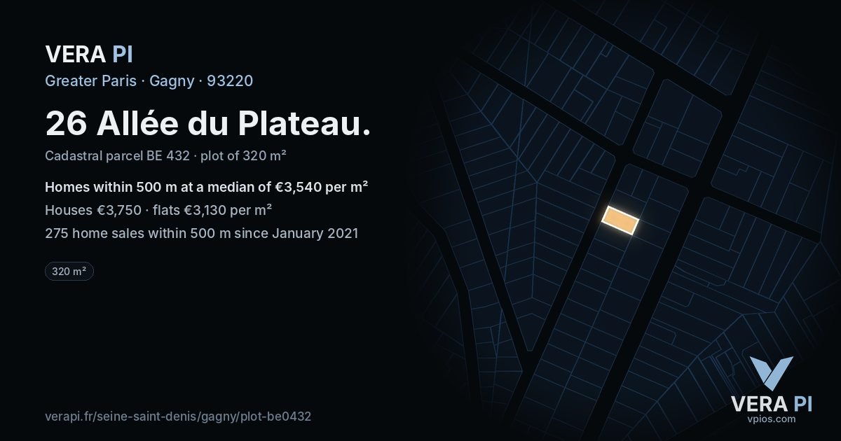 26 Allée du Plateau, Gagny at night – the plot lit, the parcels around coloured by the prices near them
