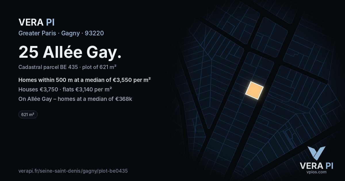 25 Allée Gay, Gagny at night – the plot lit, the parcels around coloured by the prices near them
