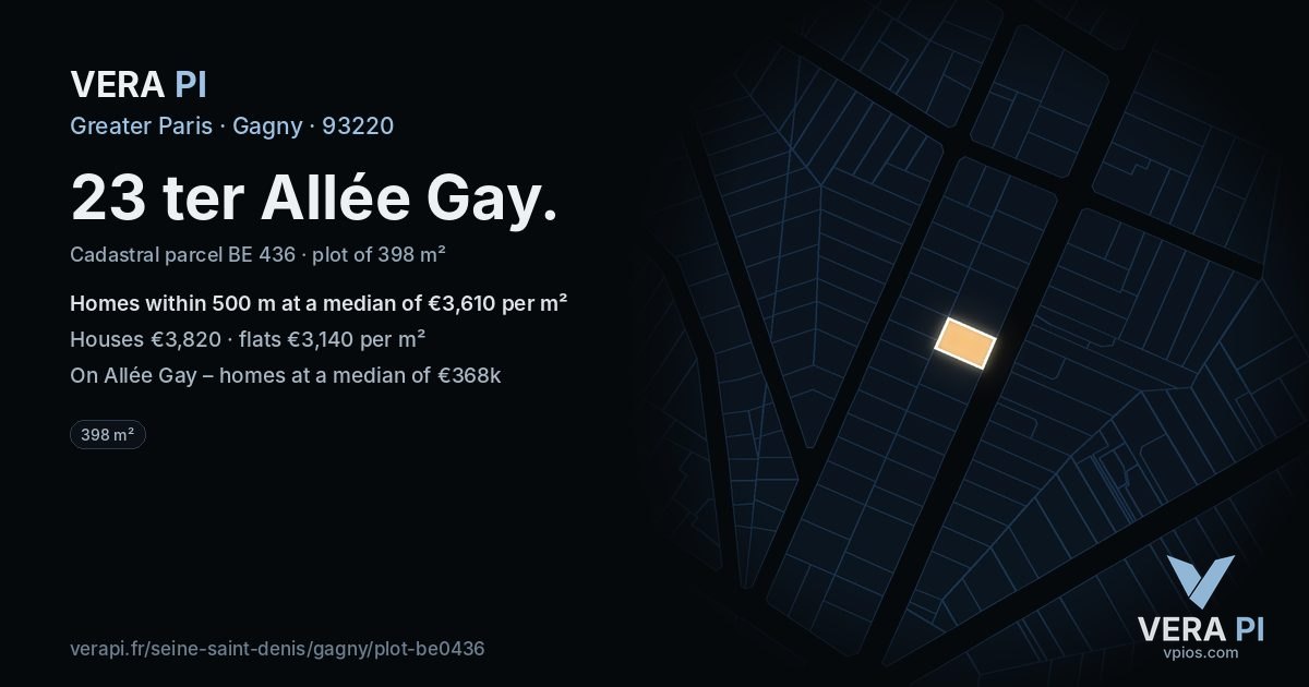 23 ter Allée Gay, Gagny at night – the plot lit, the parcels around coloured by the prices near them