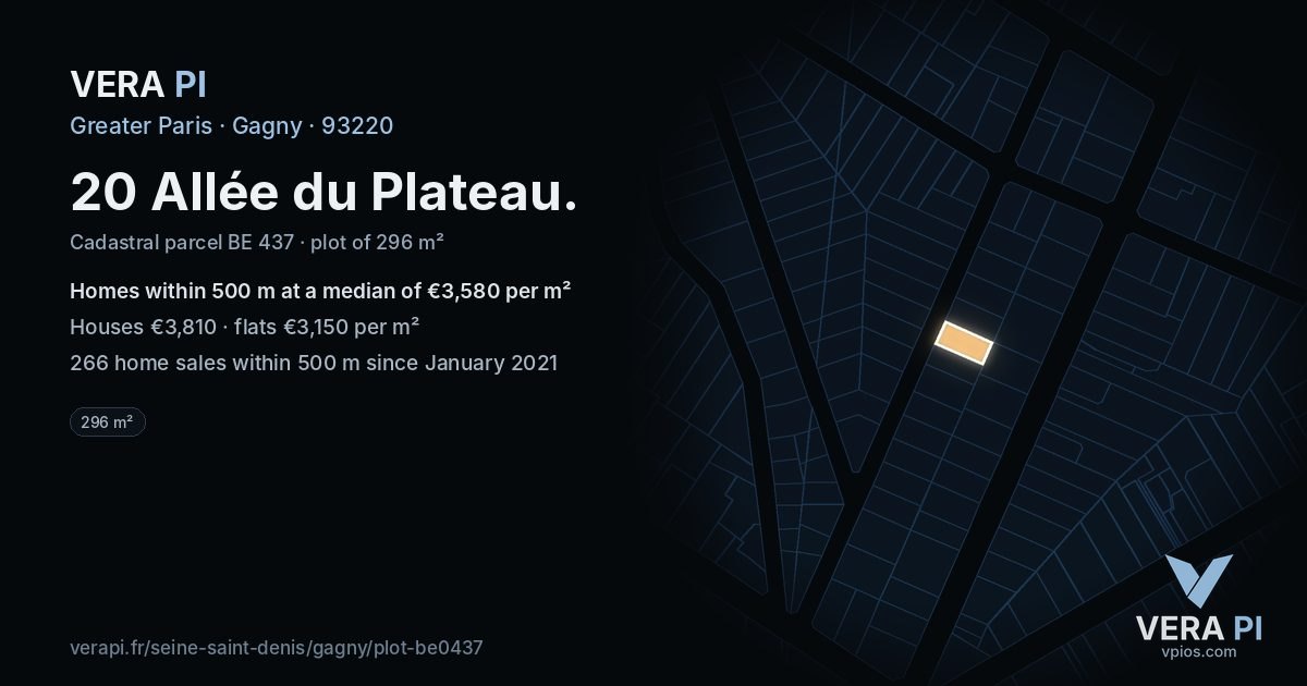 20 Allée du Plateau, Gagny at night – the plot lit, the parcels around coloured by the prices near them