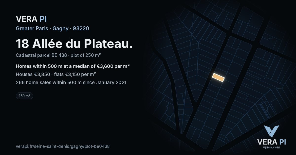 18 Allée du Plateau, Gagny at night – the plot lit, the parcels around coloured by the prices near them