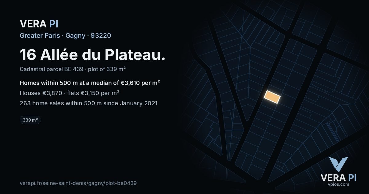 16 Allée du Plateau, Gagny at night – the plot lit, the parcels around coloured by the prices near them