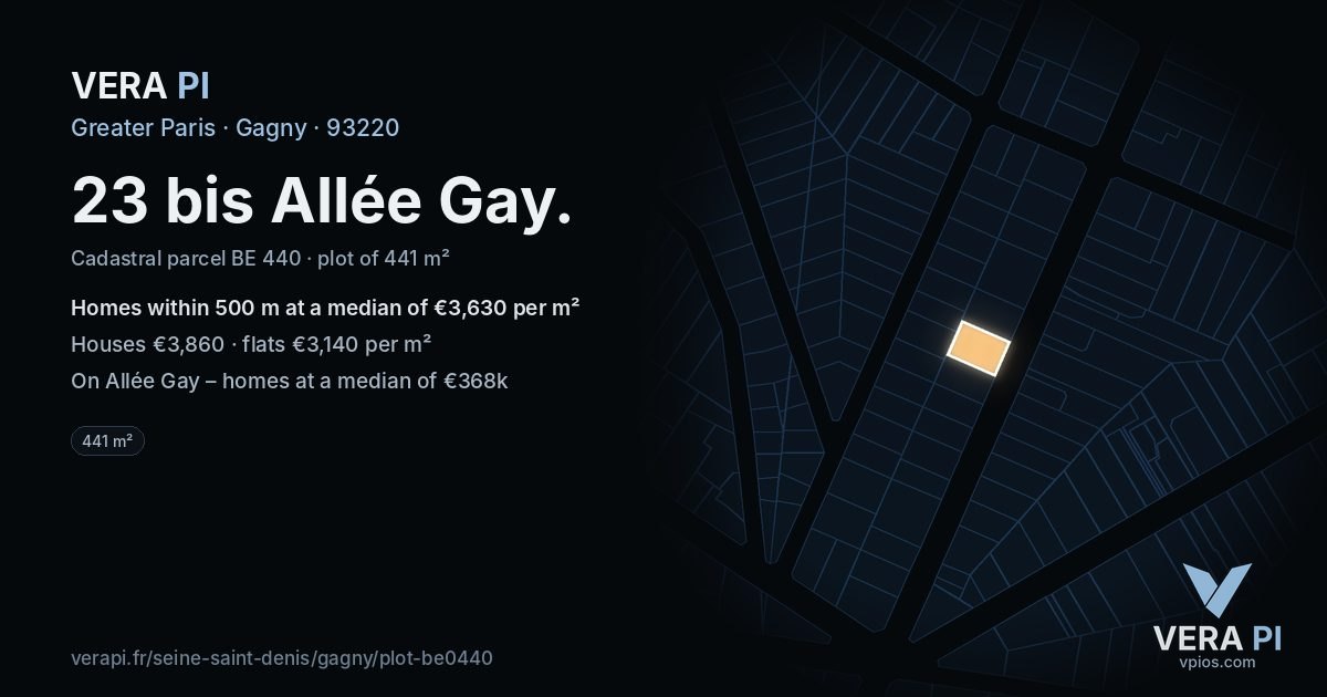 23 bis Allée Gay, Gagny at night – the plot lit, the parcels around coloured by the prices near them