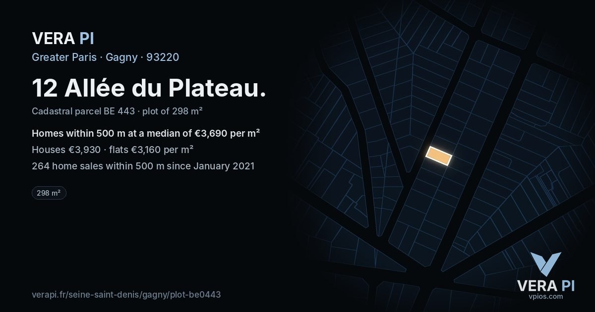 12 Allée du Plateau, Gagny at night – the plot lit, the parcels around coloured by the prices near them