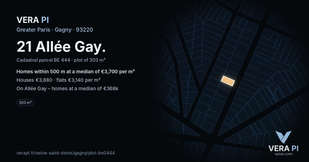 21 Allée Gay, Gagny at night – the plot lit, the parcels around coloured by the prices near them