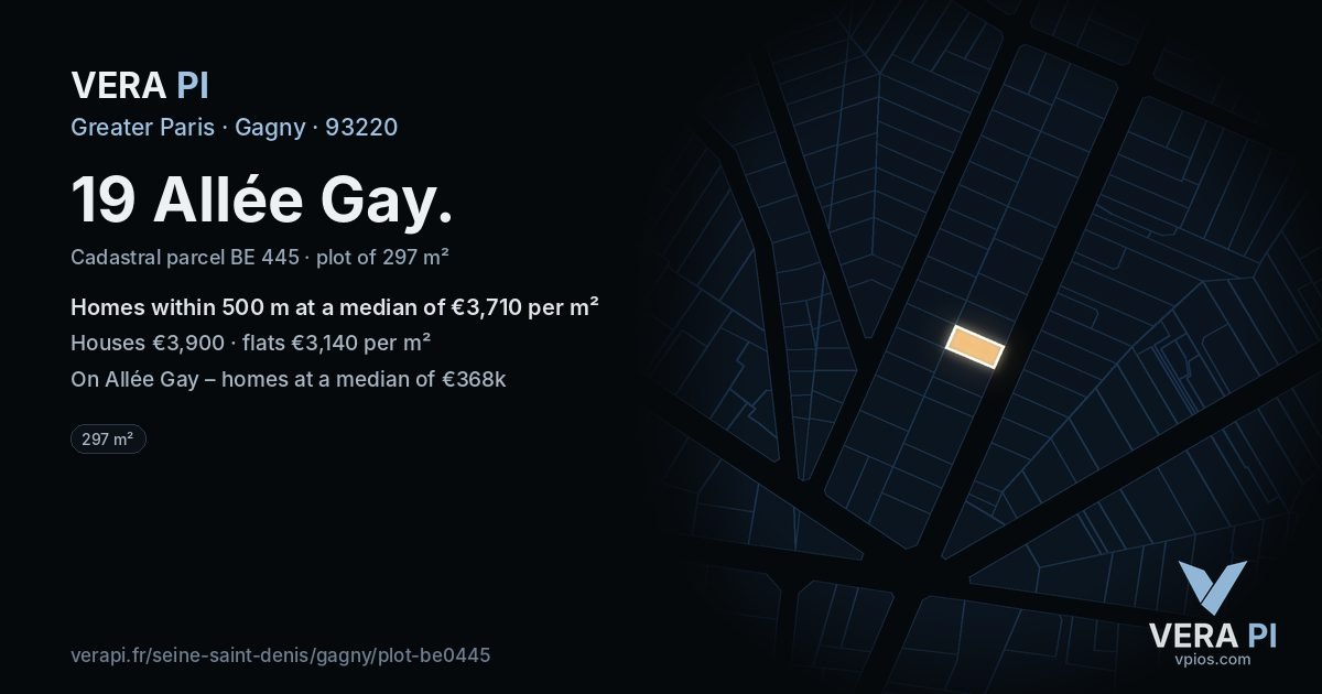 19 Allée Gay, Gagny at night – the plot lit, the parcels around coloured by the prices near them