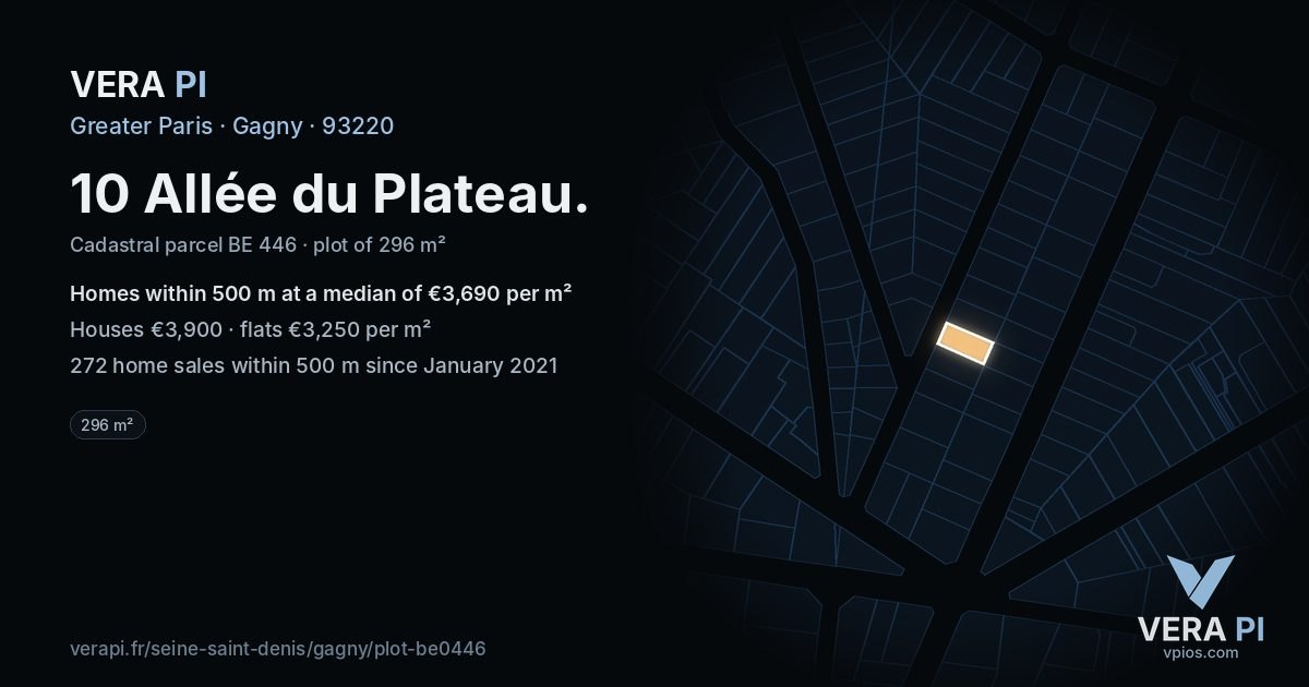 10 Allée du Plateau, Gagny at night – the plot lit, the parcels around coloured by the prices near them