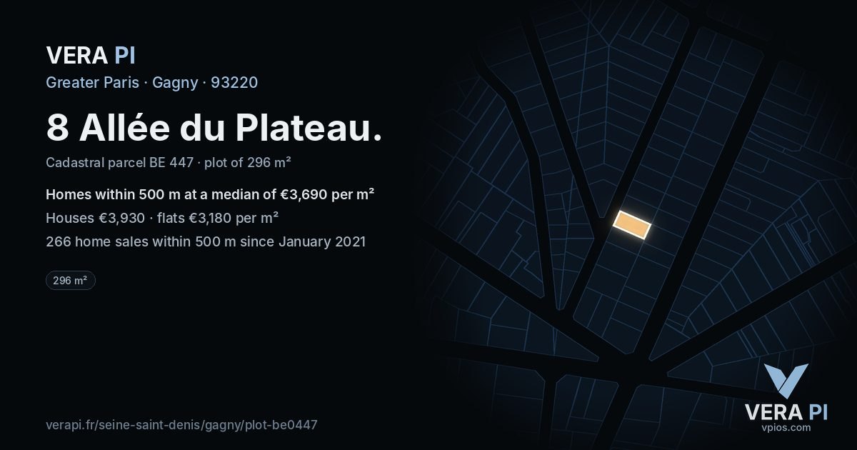 8 Allée du Plateau, Gagny at night – the plot lit, the parcels around coloured by the prices near them
