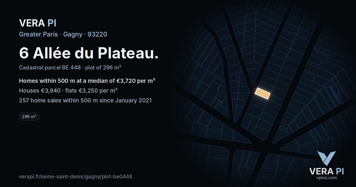 6 Allée du Plateau, Gagny at night – the plot lit, the parcels around coloured by the prices near them