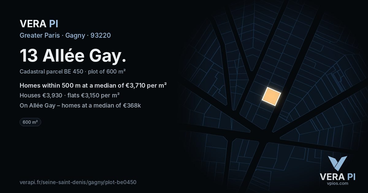 13 Allée Gay, Gagny at night – the plot lit, the parcels around coloured by the prices near them