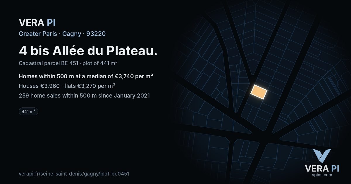 4 bis Allée du Plateau, Gagny at night – the plot lit, the parcels around coloured by the prices near them