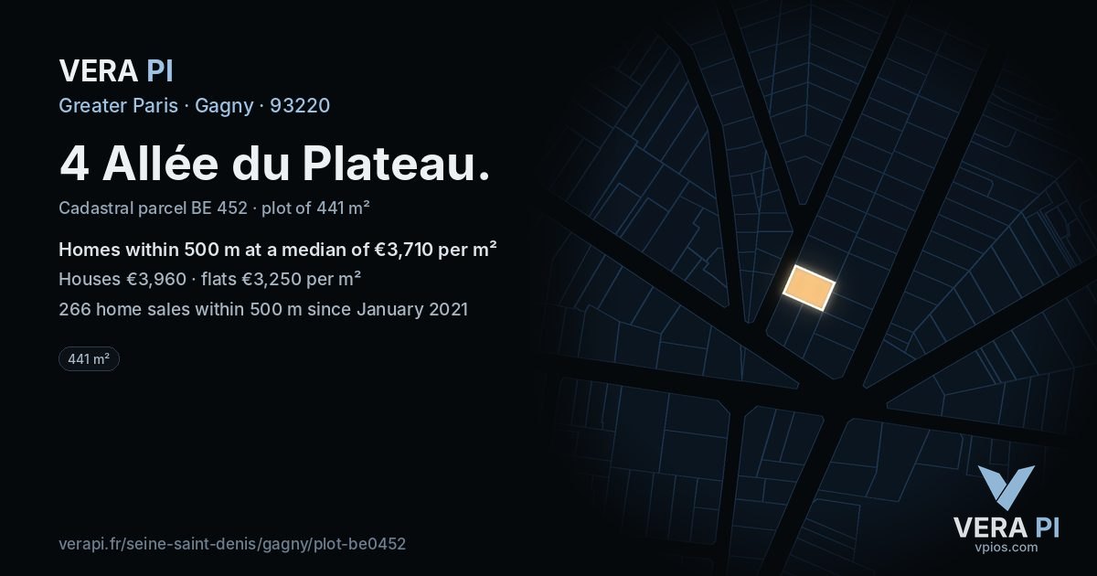 4 Allée du Plateau, Gagny at night – the plot lit, the parcels around coloured by the prices near them