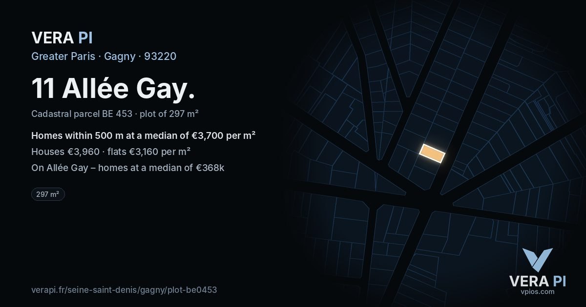 11 Allée Gay, Gagny at night – the plot lit, the parcels around coloured by the prices near them