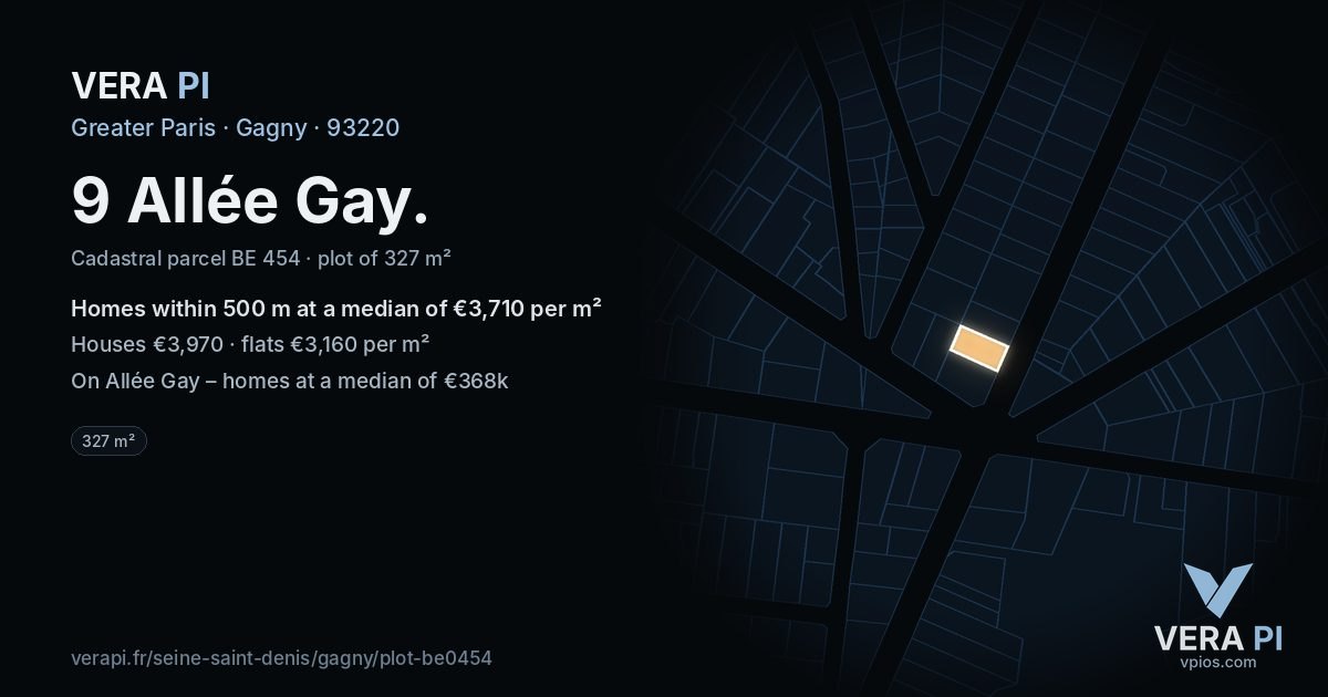 9 Allée Gay, Gagny at night – the plot lit, the parcels around coloured by the prices near them