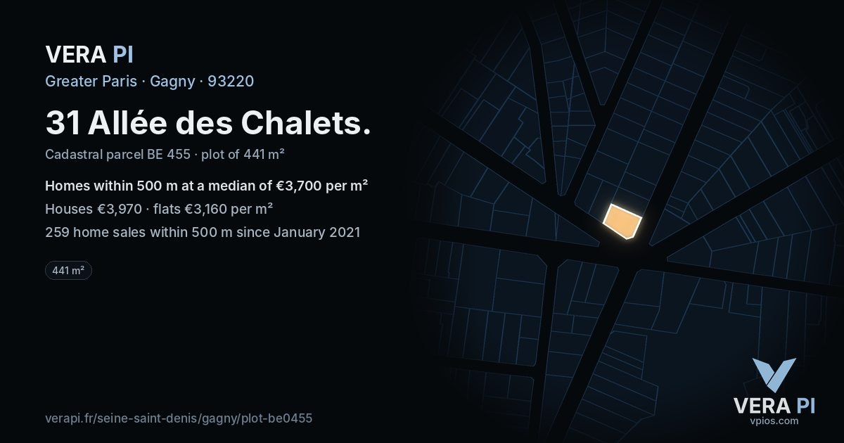 31 Allée des Chalets, Gagny at night – the plot lit, the parcels around coloured by the prices near them