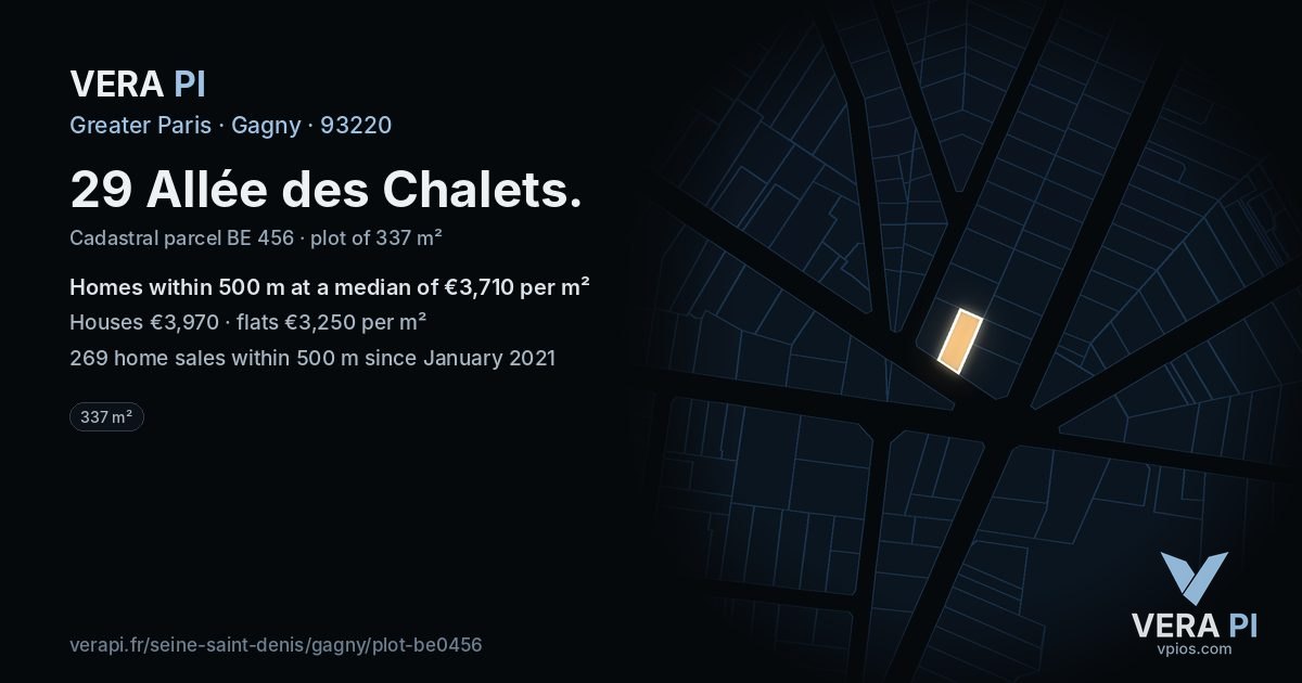 29 Allée des Chalets, Gagny at night – the plot lit, the parcels around coloured by the prices near them