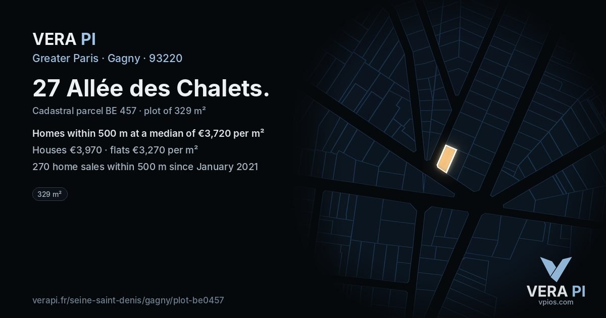 27 Allée des Chalets, Gagny at night – the plot lit, the parcels around coloured by the prices near them