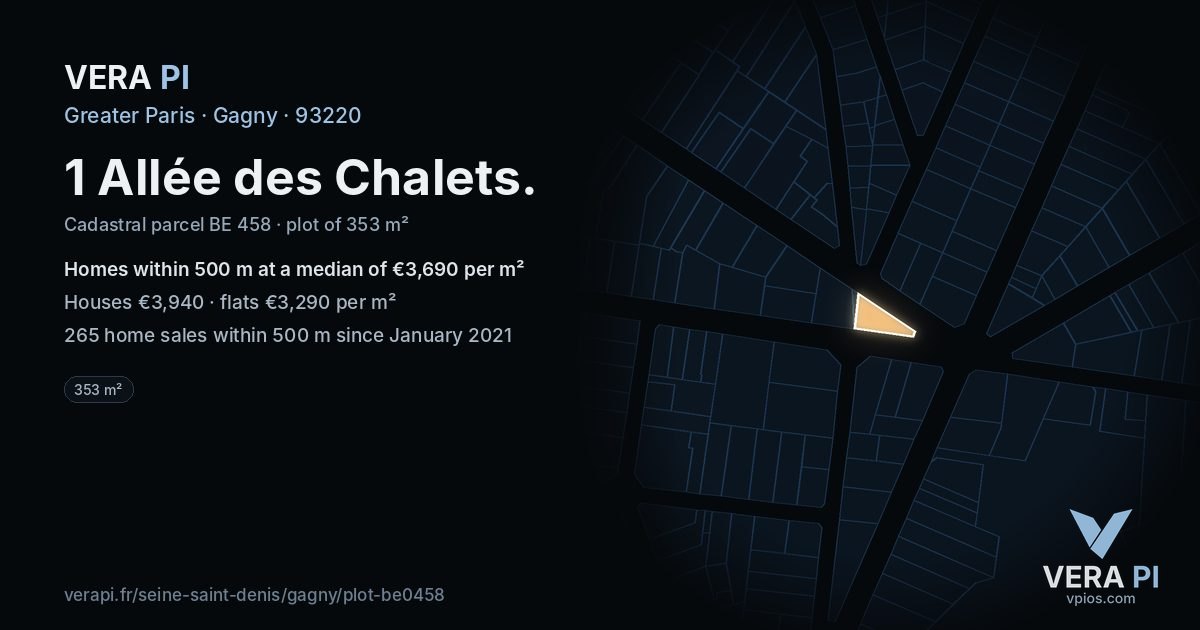 1 Allée des Chalets, Gagny at night – the plot lit, the parcels around coloured by the prices near them