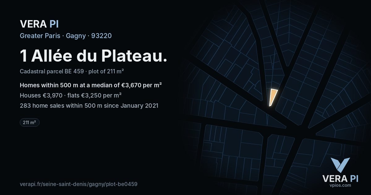 1 Allée du Plateau, Gagny at night – the plot lit, the parcels around coloured by the prices near them