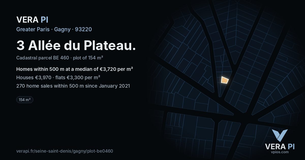 3 Allée du Plateau, Gagny at night – the plot lit, the parcels around coloured by the prices near them
