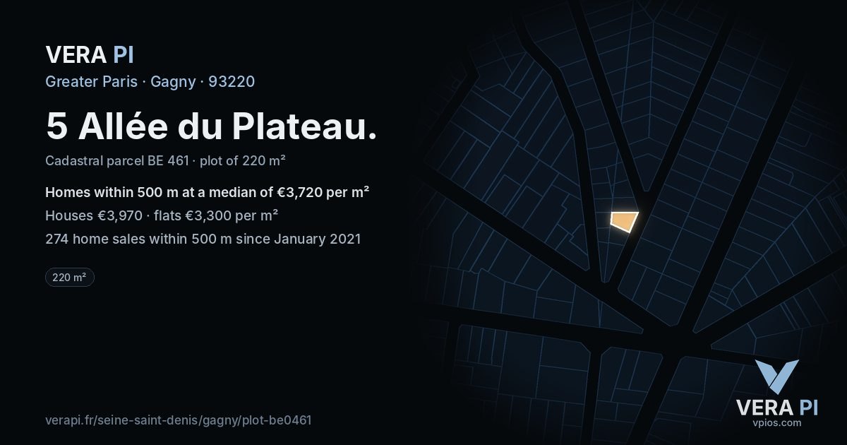 5 Allée du Plateau, Gagny at night – the plot lit, the parcels around coloured by the prices near them