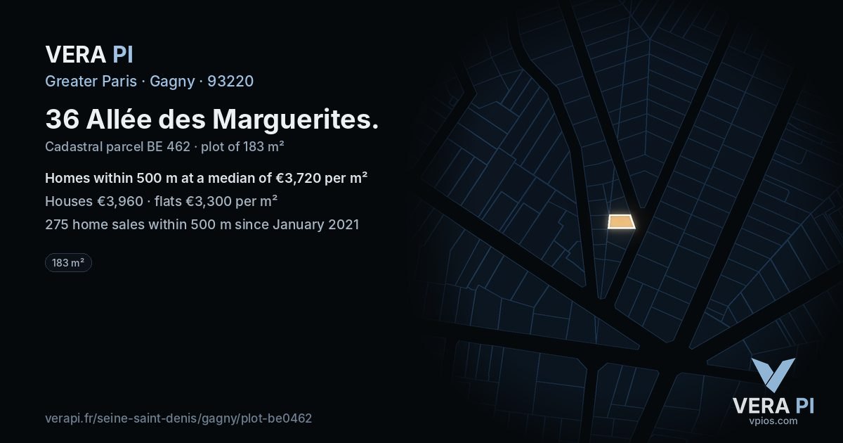 36 Allée des Marguerites, Gagny at night – the plot lit, the parcels around coloured by the prices near them