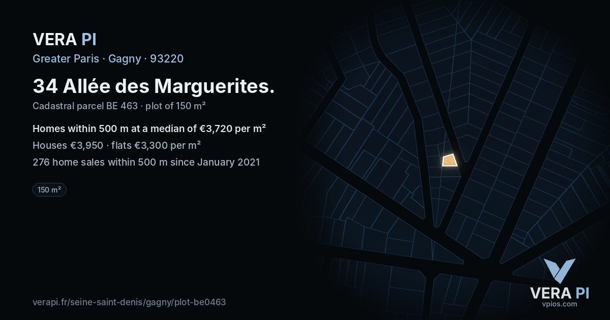 34 Allée des Marguerites, Gagny at night – the plot lit, the parcels around coloured by the prices near them