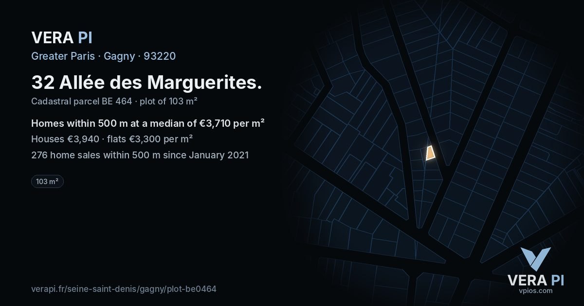 32 Allée des Marguerites, Gagny at night – the plot lit, the parcels around coloured by the prices near them