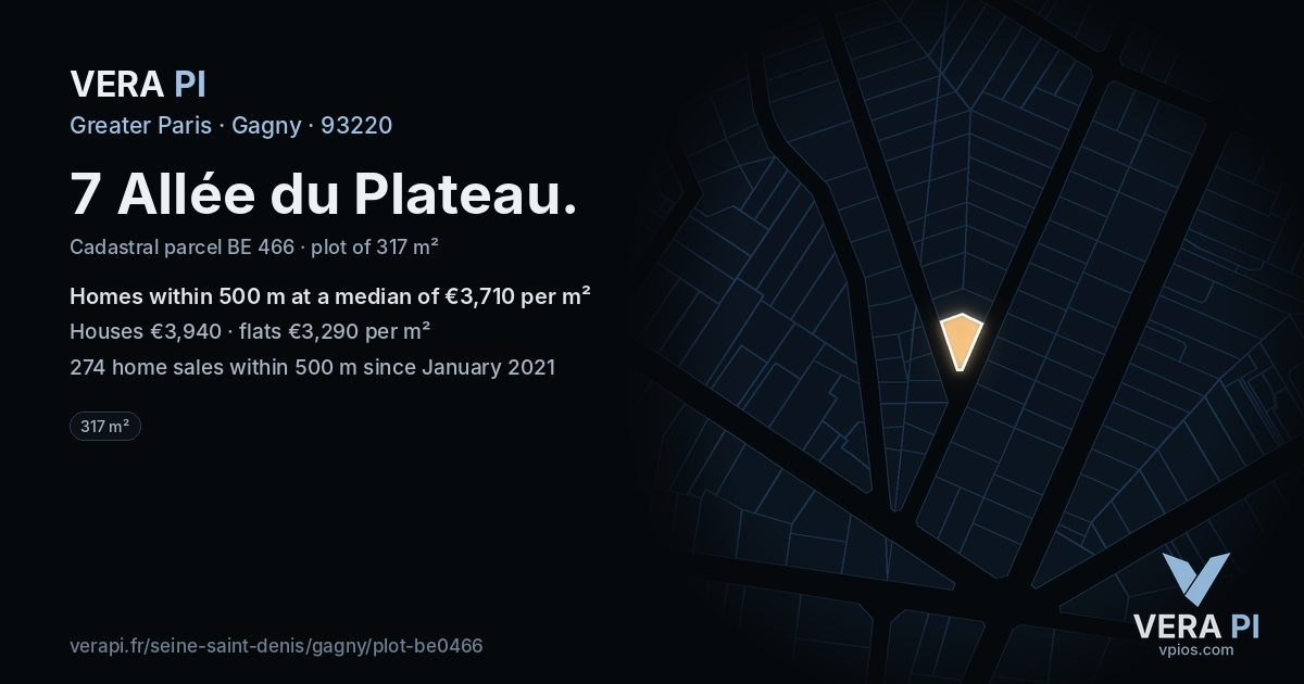 7 Allée du Plateau, Gagny at night – the plot lit, the parcels around coloured by the prices near them