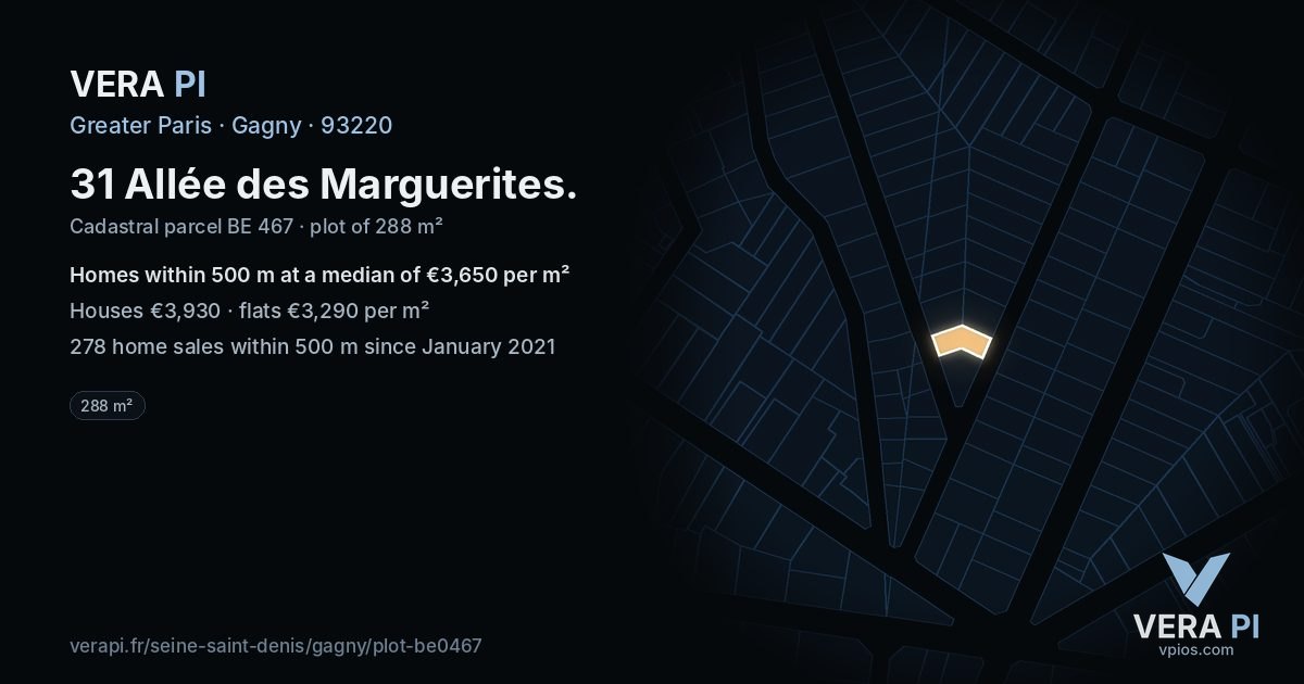 31 Allée des Marguerites, Gagny at night – the plot lit, the parcels around coloured by the prices near them