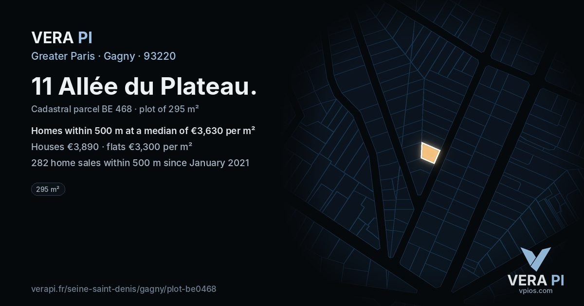 11 Allée du Plateau, Gagny at night – the plot lit, the parcels around coloured by the prices near them