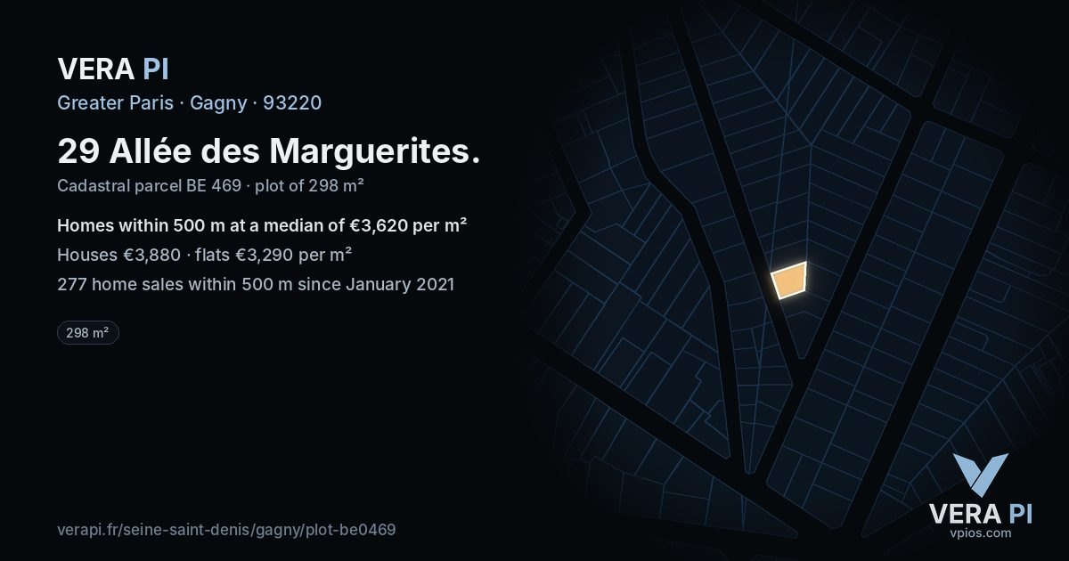 29 Allée des Marguerites, Gagny at night – the plot lit, the parcels around coloured by the prices near them