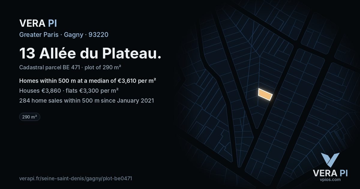 13 Allée du Plateau, Gagny at night – the plot lit, the parcels around coloured by the prices near them