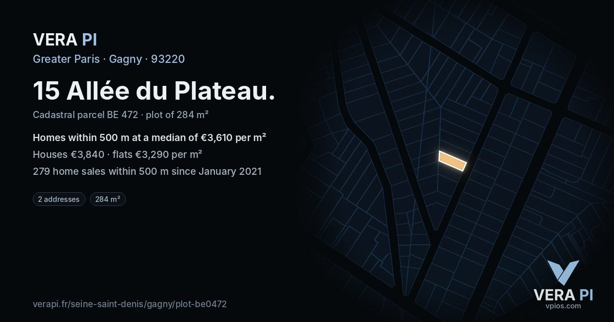 15 Allée du Plateau, Gagny at night – the plot lit, the parcels around coloured by the prices near them