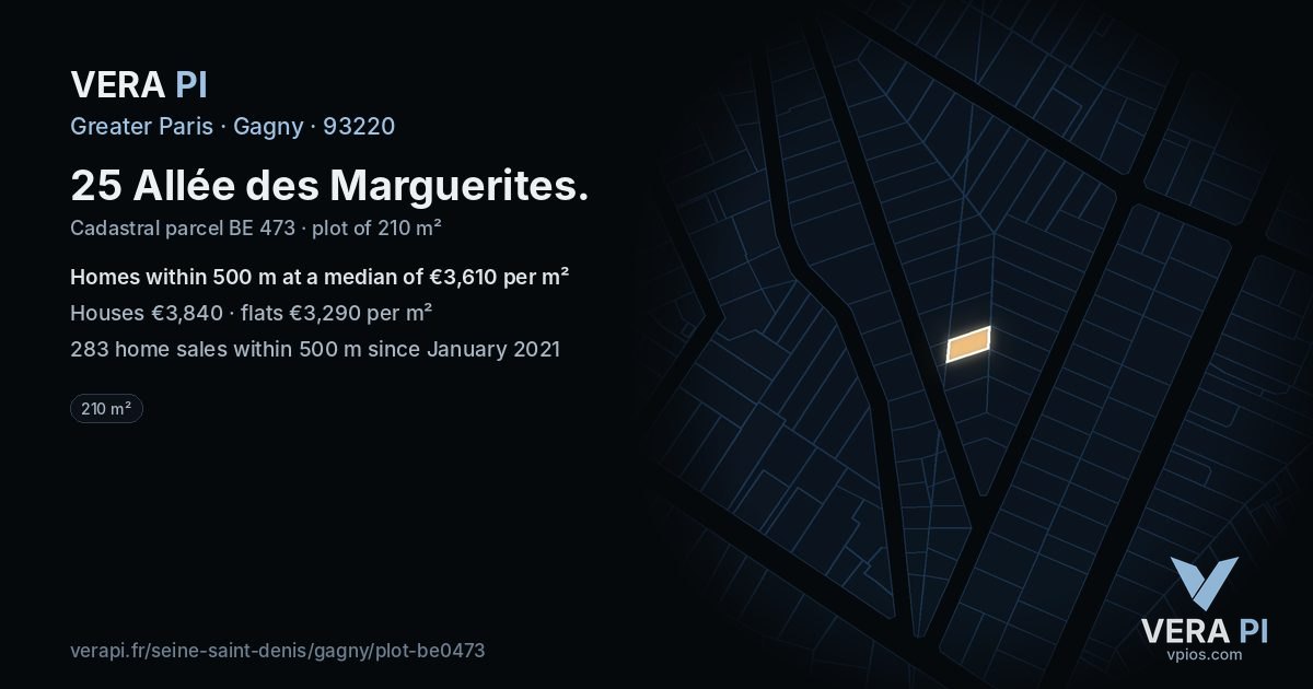 25 Allée des Marguerites, Gagny at night – the plot lit, the parcels around coloured by the prices near them
