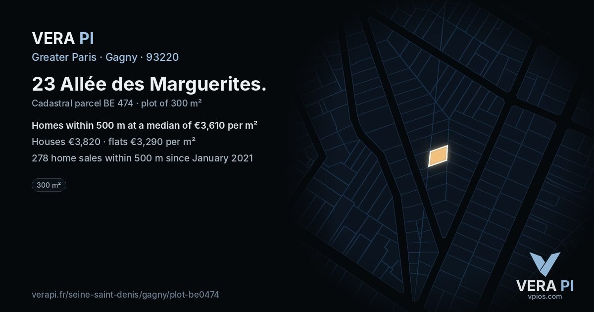 23 Allée des Marguerites, Gagny at night – the plot lit, the parcels around coloured by the prices near them