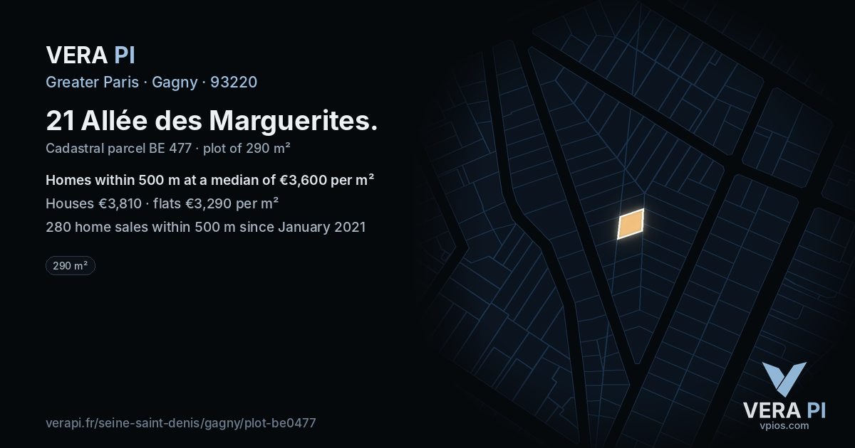 21 Allée des Marguerites, Gagny at night – the plot lit, the parcels around coloured by the prices near them