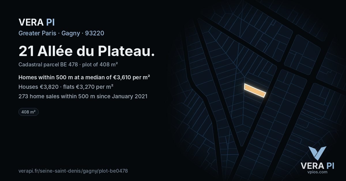 21 Allée du Plateau, Gagny at night – the plot lit, the parcels around coloured by the prices near them