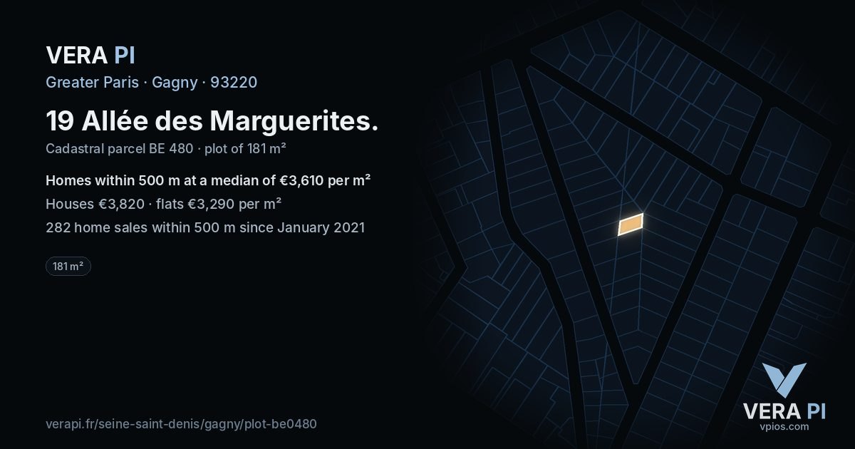 19 Allée des Marguerites, Gagny at night – the plot lit, the parcels around coloured by the prices near them