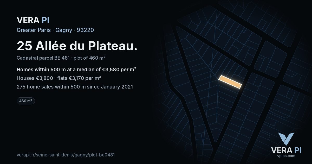 25 Allée du Plateau, Gagny at night – the plot lit, the parcels around coloured by the prices near them
