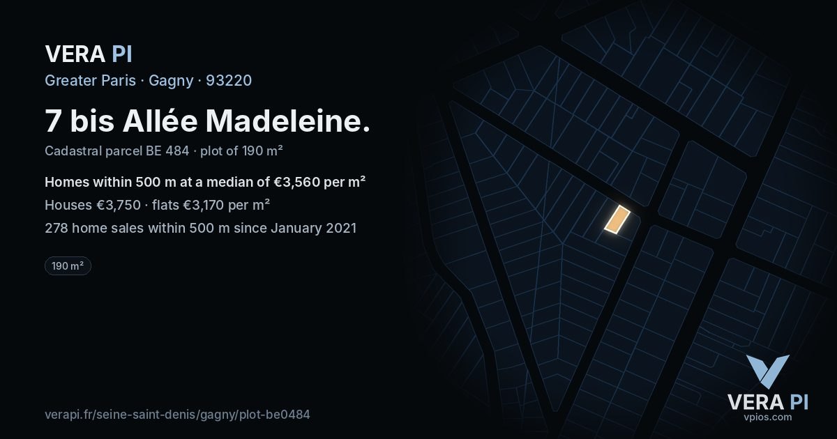 7 bis Allée Madeleine, Gagny at night – the plot lit, the parcels around coloured by the prices near them