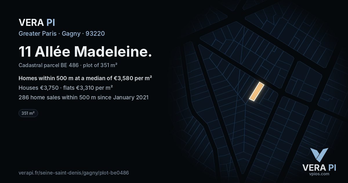 11 Allée Madeleine, Gagny at night – the plot lit, the parcels around coloured by the prices near them