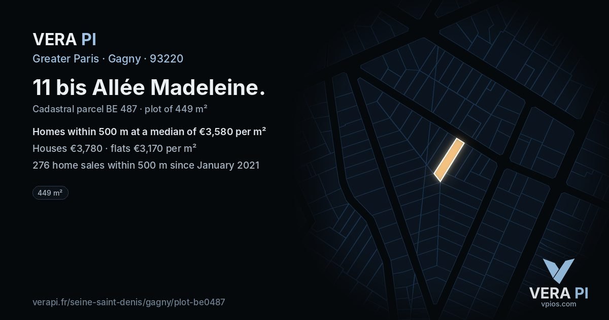 11 bis Allée Madeleine, Gagny at night – the plot lit, the parcels around coloured by the prices near them