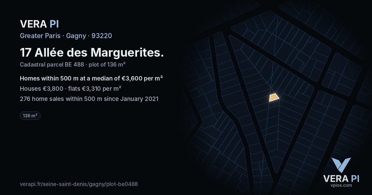 17 Allée des Marguerites, Gagny at night – the plot lit, the parcels around coloured by the prices near them