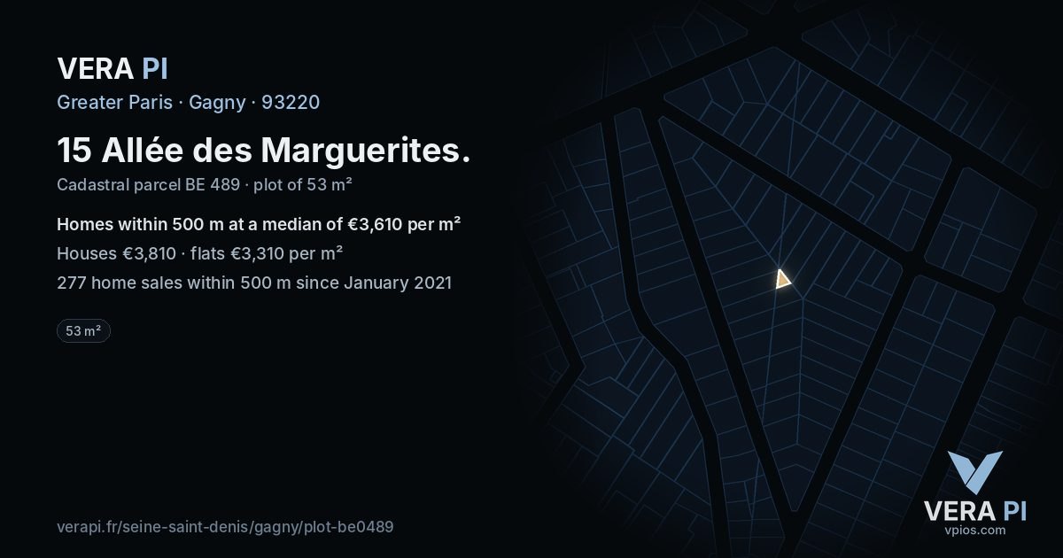 15 Allée des Marguerites, Gagny at night – the plot lit, the parcels around coloured by the prices near them