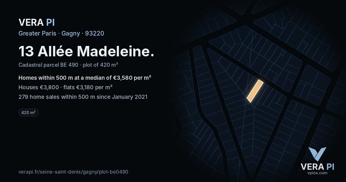 13 Allée Madeleine, Gagny at night – the plot lit, the parcels around coloured by the prices near them