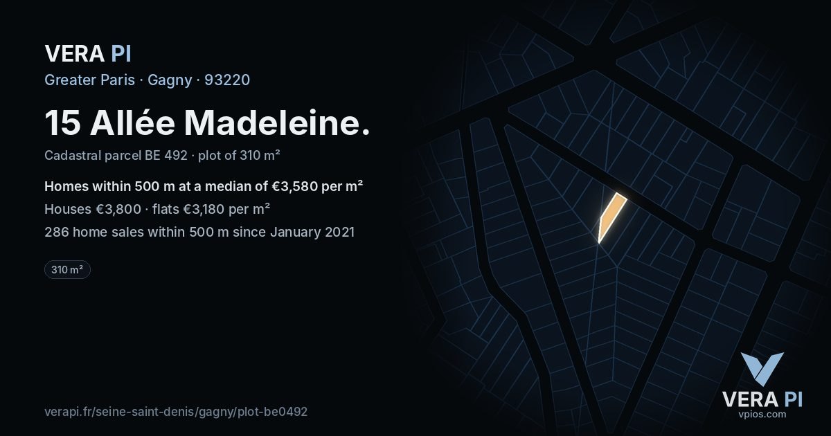 15 Allée Madeleine, Gagny at night – the plot lit, the parcels around coloured by the prices near them