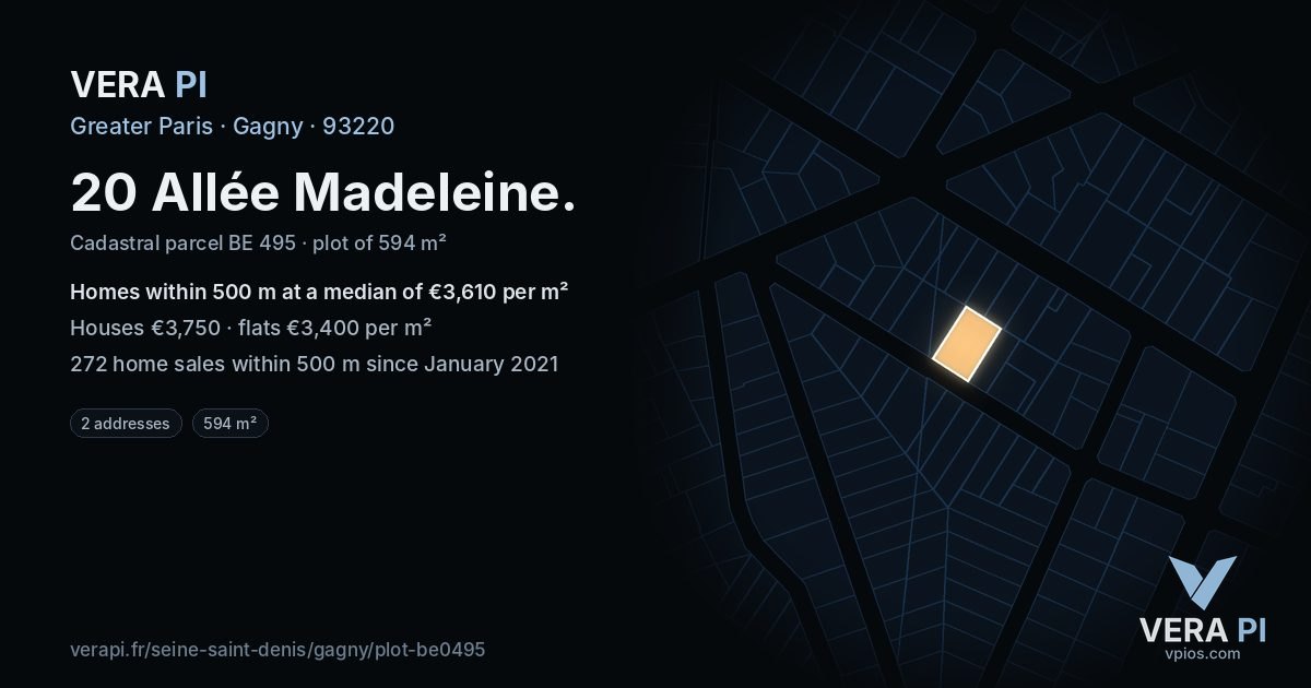 20 Allée Madeleine, Gagny at night – the plot lit, the parcels around coloured by the prices near them
