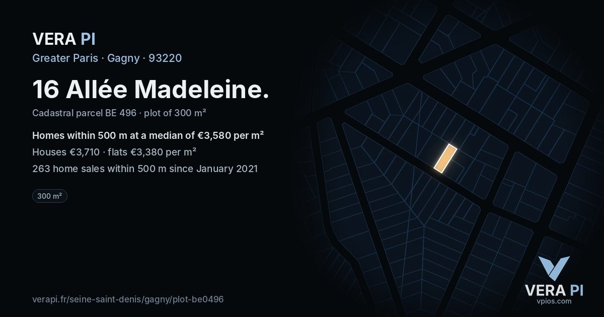 16 Allée Madeleine, Gagny at night – the plot lit, the parcels around coloured by the prices near them